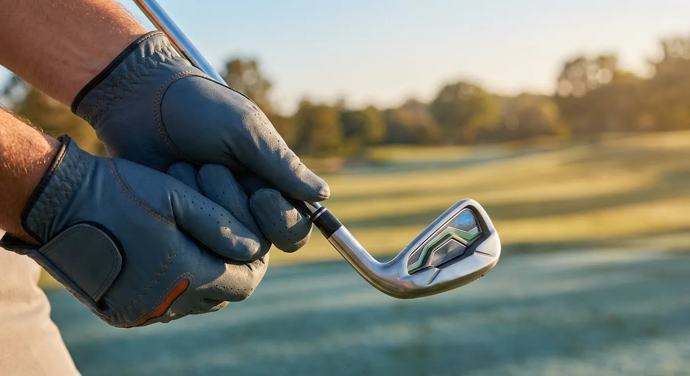 Close-up of a golfer wearing grey Golf Luxor gloves, holding a silver golf iron on a sunny course, ideal for beginner golf ir