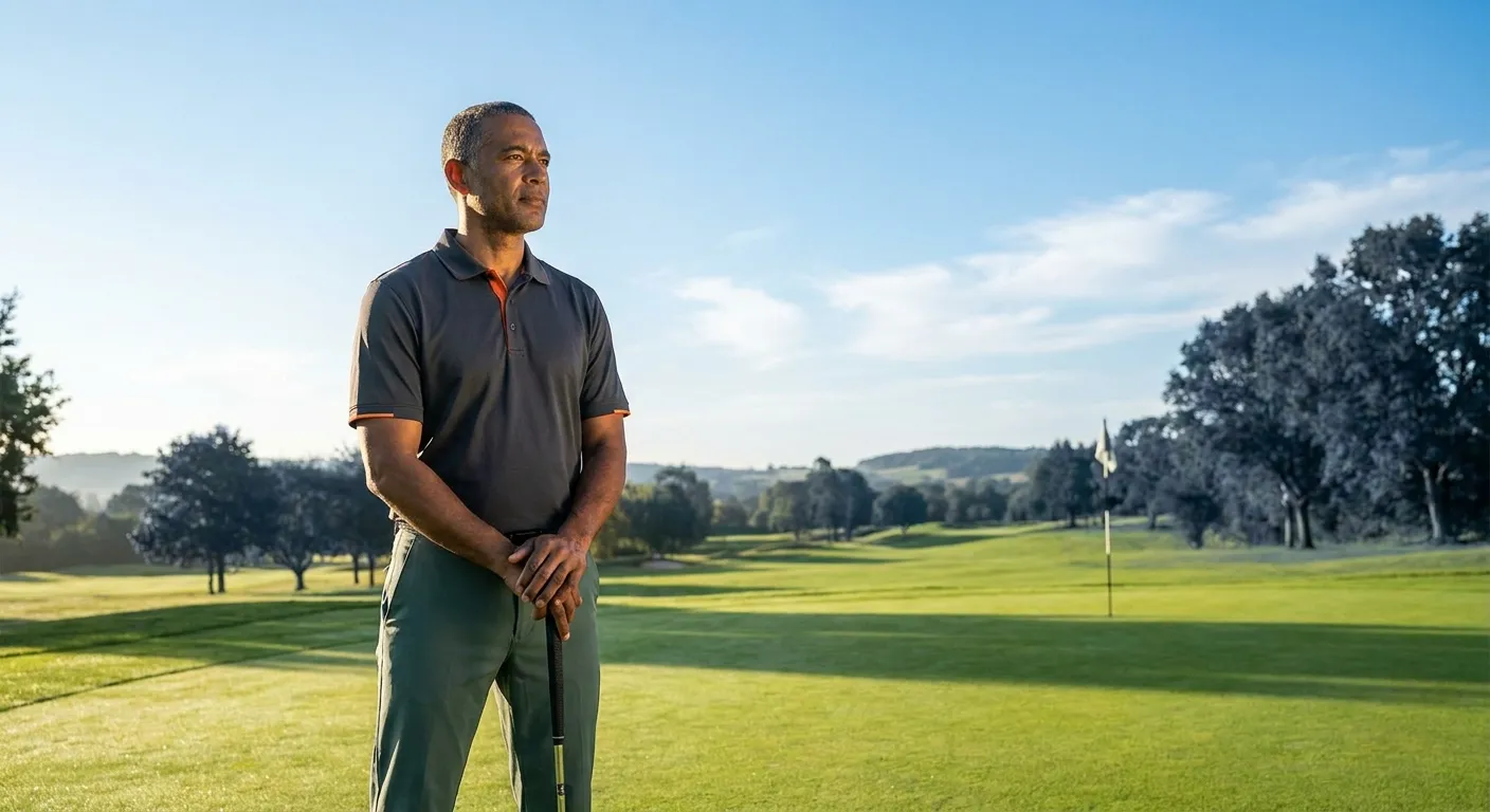 Golf Luxor: Focused golfer on course, holding club, embodying mental toughness and resilience for golf training.