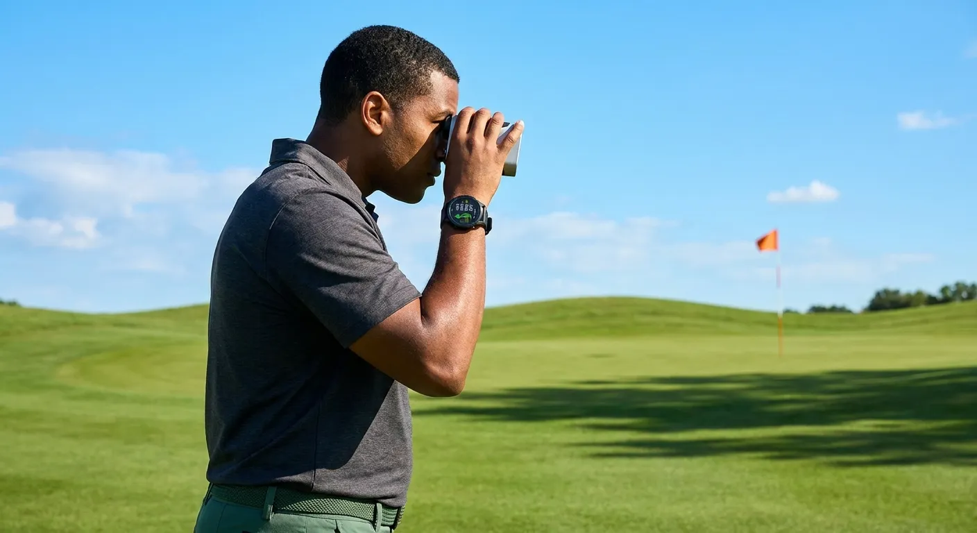 Golf Luxor player uses a golf rangefinder on the course, with a golf GPS watch visible. Perfect for tech caddie guidance.