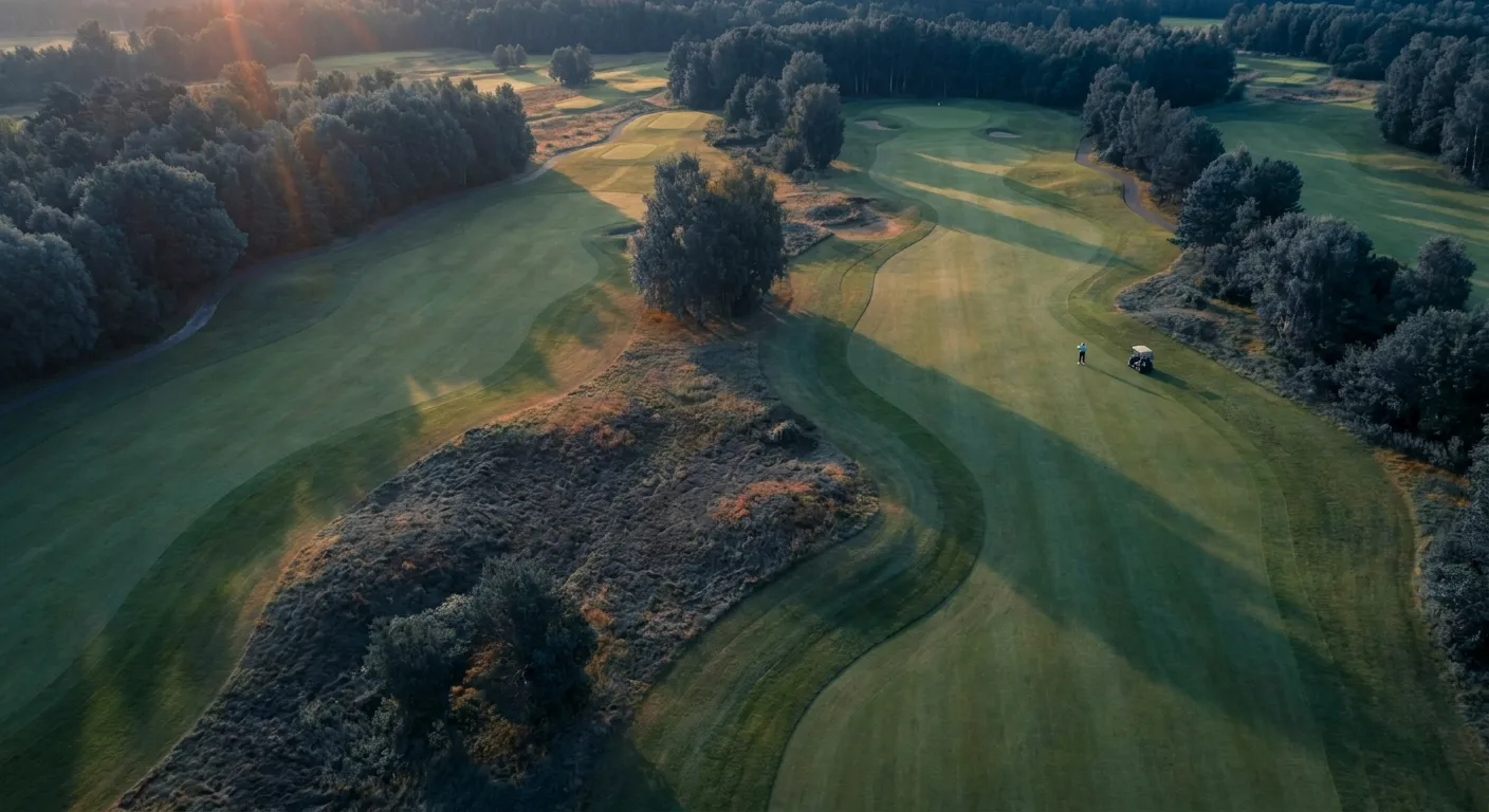 Golf Luxor: Aerial view of a golf course at sunrise with a golfer and cart, illustrating essential golf course strategy.
