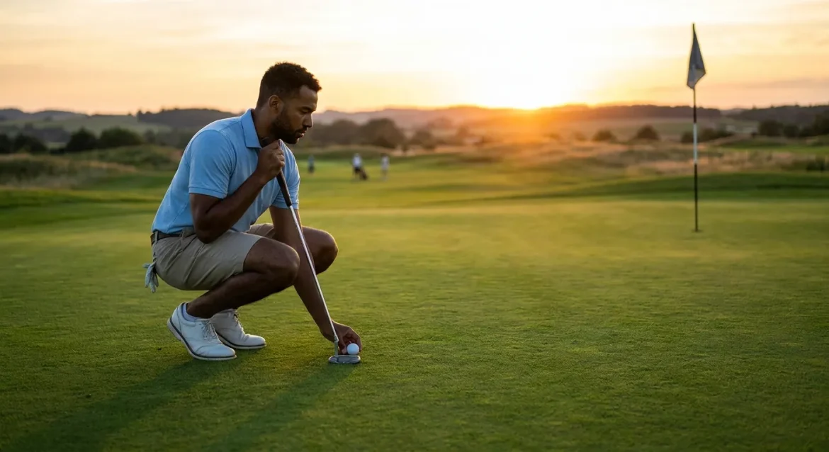 Golf Luxor: Man perfecting his golf putting setup on a green at sunset, focusing on the ball with a putter.