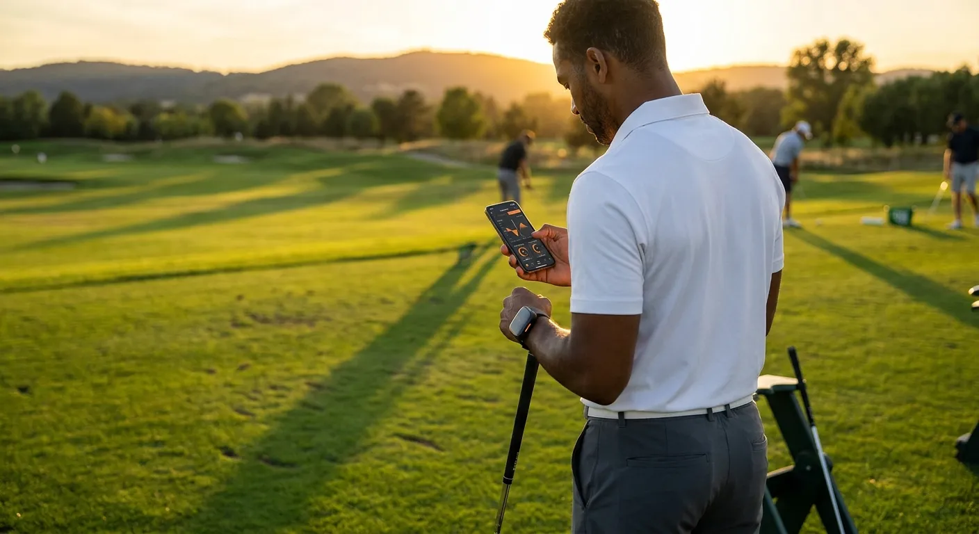 Golf Luxor: Man uses a golf swing analyzer app on his smartphone and smartwatch on a golf course at sunset, analyzing his swi