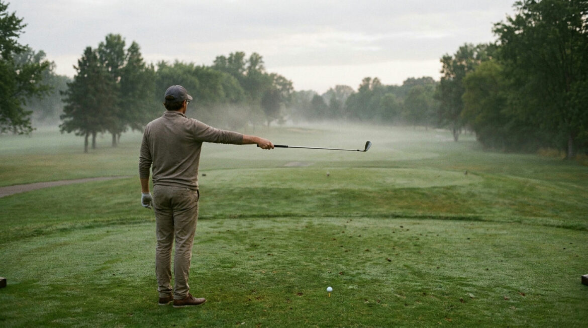 Golfer standing behind the ball picking a target as part of a golf pre-shot routine