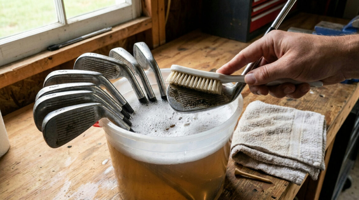 How to clean golf clubs: iron heads in warm soapy water with a soft brush and towel