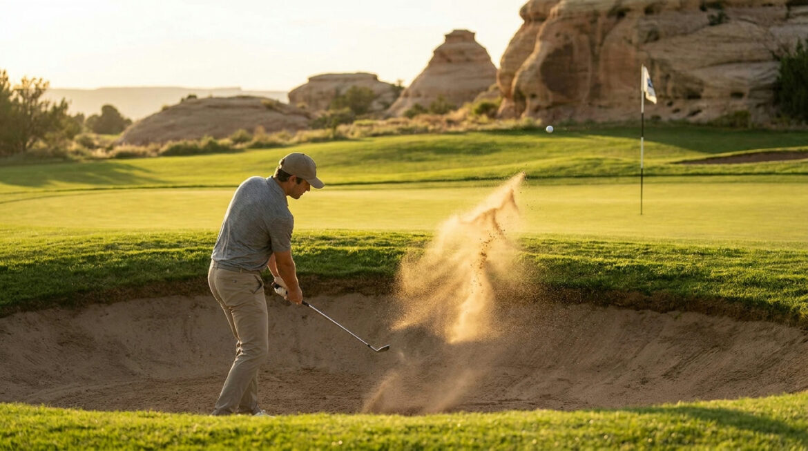 Golfer showing how to hit a bunker shot, splashing sand and ball onto the green