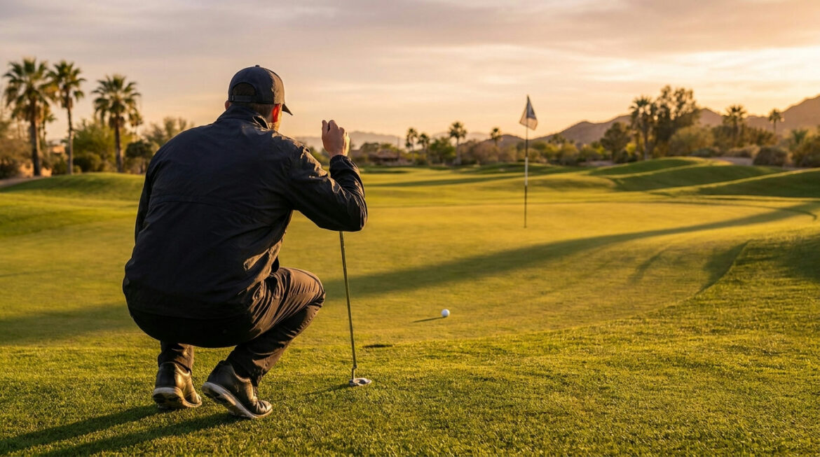 Golfer crouching behind the ball to work out how to read greens on a sloping putting surface