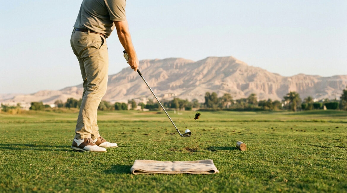 Golfer using a towel and tee drill on the range to learn how to stop topping the golf ball