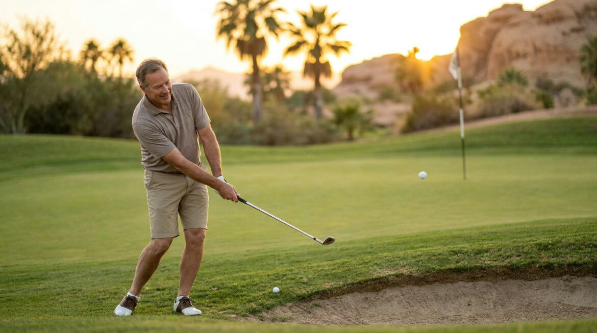 Golfer playing a pitch over a bunker, illustrating the pitch shot vs chip shot decision around the green