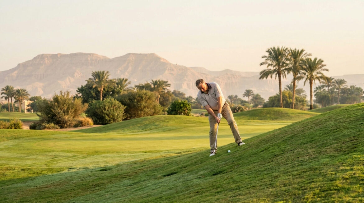 Uneven lies in golf: a golfer setting up to a shot with the ball above their feet on a sloping fairway